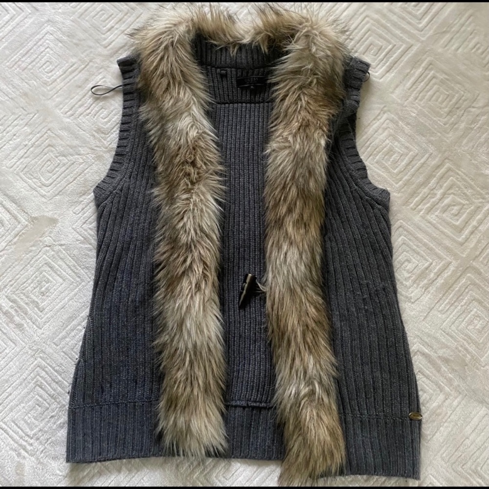 Guess Ribbed Knit Faux Fur Trim Sweater Vest